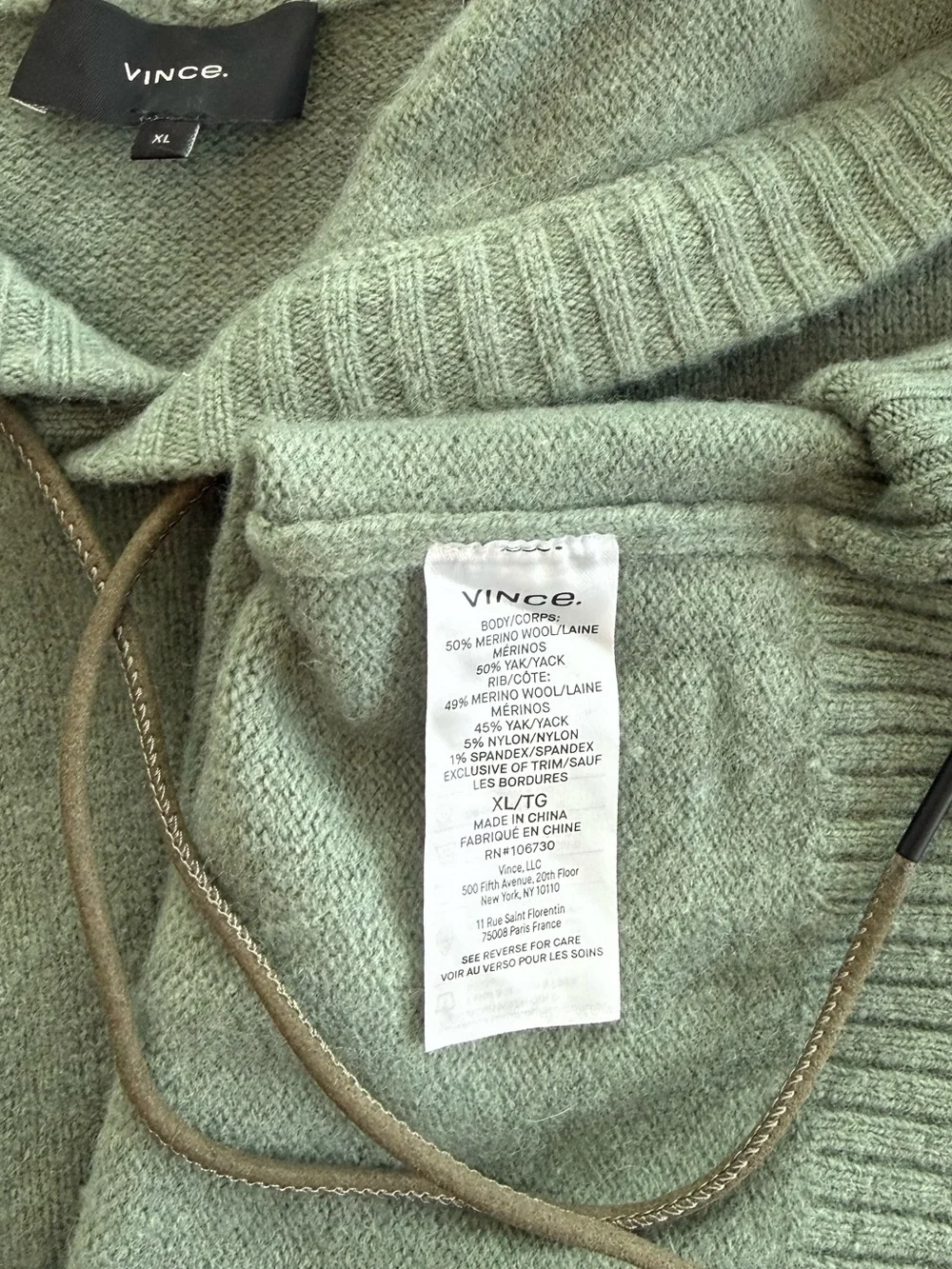 Vince Merino Wool Yak Blend Knit Hoodie Sage Green Quiet Luxury Men Size XL